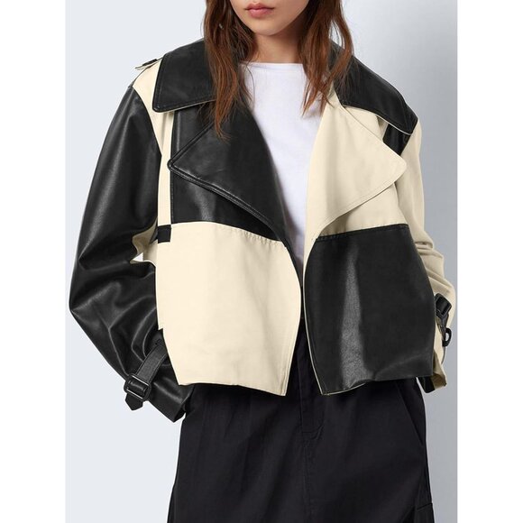 Womens Black Tankaneo Leather Cropped Jacket Oversized Color Block Motorcycle - Picture 3 of 6